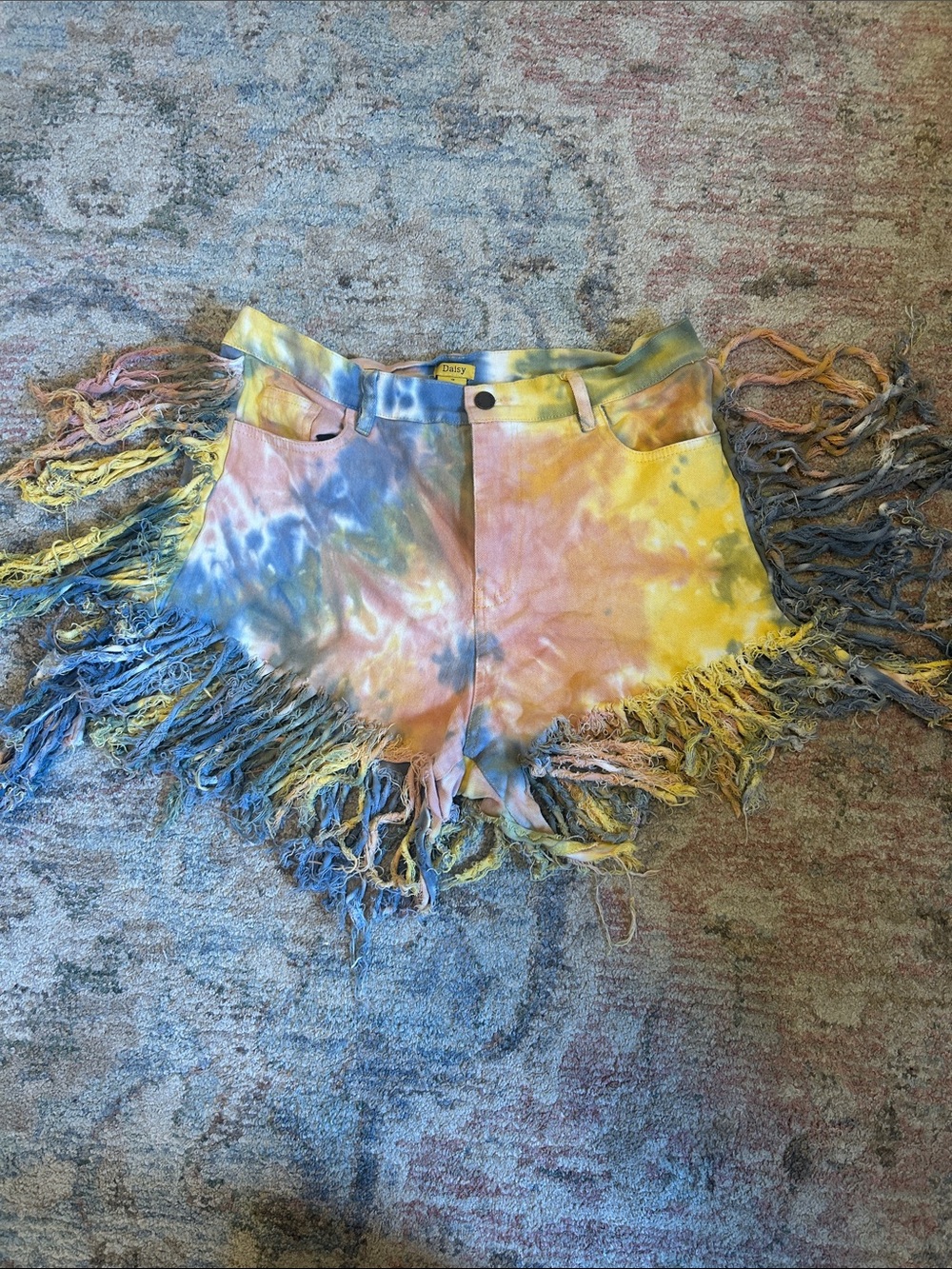 Daisy Pastel Tie-Dye Fringe Denim Shorts - Pink, Blue, Yellow
